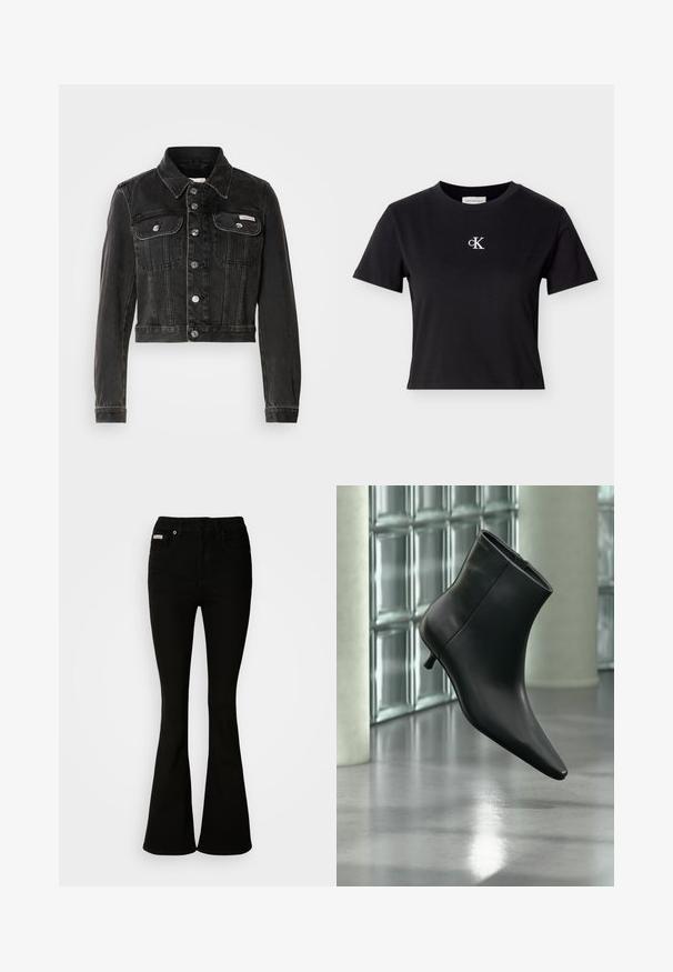 Sort cropped denimjakke med knaplukning, to brystlommer og spids krave. Har sølvfarvet hardware og en falmet tekstur.; Sort bomuldskortærmet T-shirt med rund hals og hvidt "cK"-logo på brystet. Designet er enkelt med en kort, tætsiddende pasform.; Sorte bukser med flare, der har en tætsiddende talje, lavet af blødt denim. Har to forlommer og en klassisk knap- og lynlåslukning.; Sort læderankelstøvle med spids tå og lav kitten-hæ, vist vinklet mod en poleret gulv- og glasblokvæg.