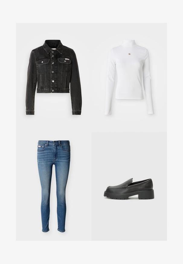 Sort cropped denimjakke med knaplukning, to brystlommer og spids krave. Har sølvfarvet hardware og en falmet tekstur.; Langærmet, hvid turtleneck-top lavet af ribbet materiale. Har et lille broderet logo i midten. Tæt pasform uden mønstre.; Blå denimjeans med slank pasform, der har fem lommer, lynlås og let falmet look for en brugt effekt. Mellem taljehøjde og standardkant.; Sorte læder loafers med rund tå, tyk tekstureret sål og minimale syninger. Elegant design uden synlige snørebånd eller hardware.