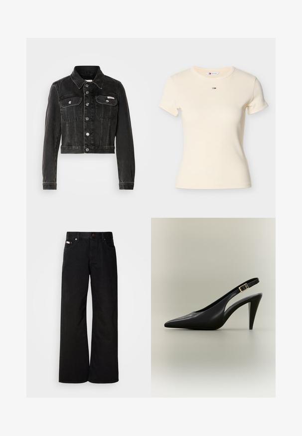 Sort cropped denimjakke med knaplukning, to brystlommer og spids krave. Har sølvfarvet hardware og en falmet tekstur.; Lysegul ribbet T-shirt med korte ærmer, rund halsudskæring og et lille broderet logo med røde, hvide og blå striber på brystet.; Sorte breddebenede jeans lavet af bomuld. Har forlommer, en knaplukning og en klassisk denimtekstur. Minimalistisk design uden mønstre.; Sort læder slingback med spids tå, høj hæl, guldlås og tilspidset hæl på en neutral baggrund.