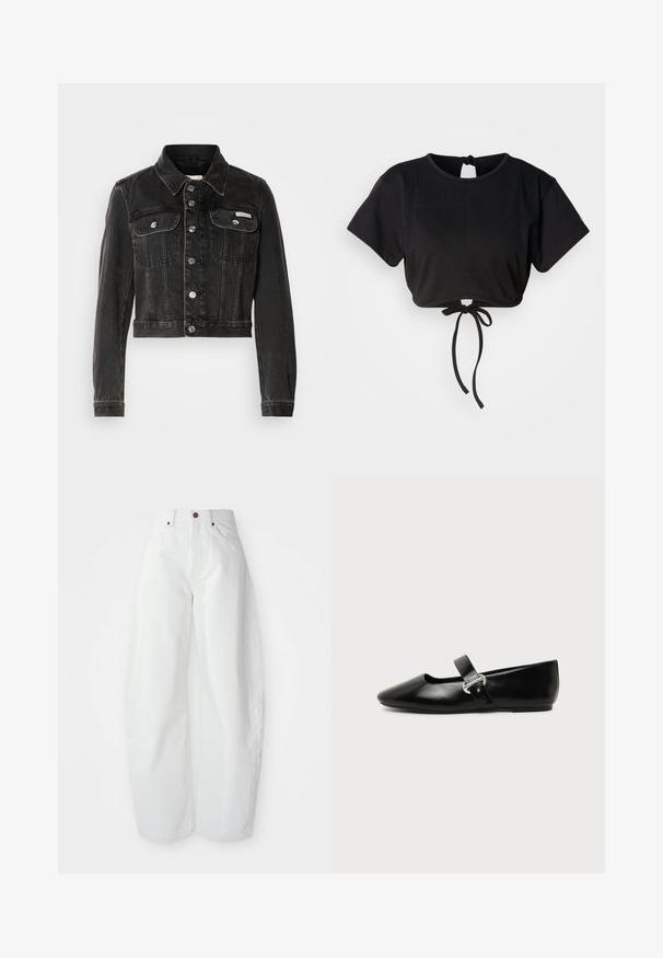 Sort cropped denimjakke med knaplukning, to brystlommer og spids krave. Har sølvfarvet hardware og en falmet tekstur.; Sort cropped t-shirt lavet af blødt stof, med korte ærmer, rund halsudskæring og en bindedetalje bagpå til justering.; Højtaljede hvide denimbukser med løs pasform. Har en knaplukning, sidelommer og et minimalistisk design. Glat tekstur.; Sort læder Mary Jane-flad sko med rundet tå og sølvspænde på ensfarvet baggrund.