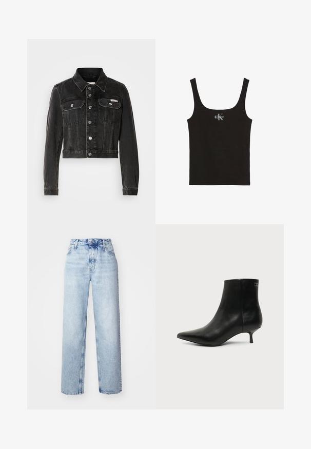 Zwarte cropped denimjacket met knoopsluiting, twee borstzakken en puntige kraag. Heeft rigide zilverkleurige accenten en een vervaagde textuur.; Zwarte katoenen tanktop met een ronde hals en brede schouderbanden. Voorzien van een klein bedrukt "Calvin Klein"-logo aan de voorkant.; Lichtblauwe high-waisted jeans met een losse pasvorm, met rechte pijpen, vijf zakken en een klassieke knoop- en ritssluiting.; Zwart leren enkellaars met puntige neus en lage kittenhak op lichte achtergrond, zijaanzicht buitenkant.