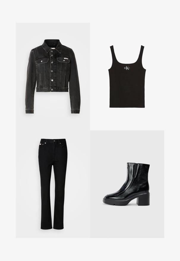 Sort cropped denimjakke med knaplukning, to brystlommer og spids krave. Har sølvfarvet hardware og en falmet tekstur.; Calvin Klein Jeans MONOGRAM SCOOP - Top - black; Sorte lige ben jeans med frontknap og lynlås, belteklip og fem-lomme design.; Sorte patenterede læderankelstøvler med en buet tå, elastiske sidepaneler og en kraftig blokhæl. Har et præget logo på bagsiden.