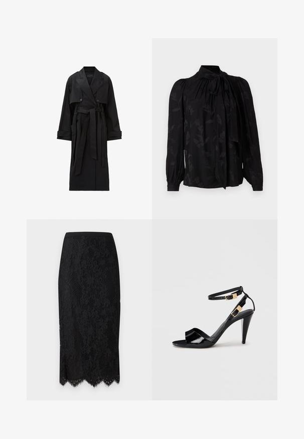 Lang sort trenchcoat med brede klaplag, dobbeltradede knapper, frontklap, manchetremme og et bundet taljebælte.; Sort bluse med høj krave og bindedetalje. Har et subtilt blomstermønster og puffede lange ærmer med sammensnørede manchetter. Glat tekstur.; Pinko GALLETTA - Pencil skirt - nero limousine; Sorte patentlæder højhælede sandaler med dobbelte ankelremme og guldspænder, åben tå og slank taperet hæl på neutral baggrund.