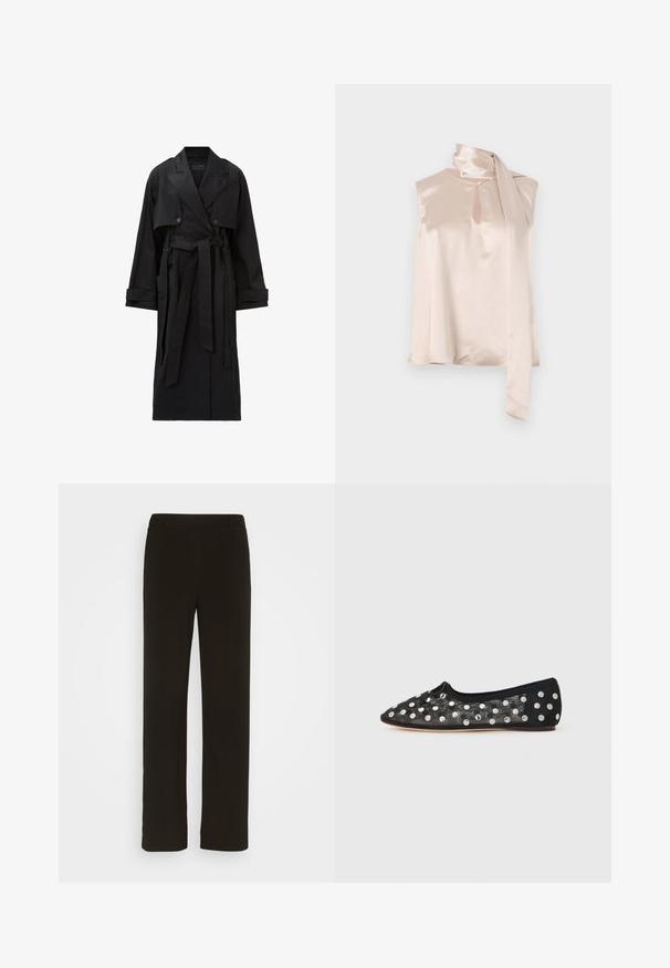Lang sort trenchcoat med brede klaplag, dobbeltradede knapper, frontklap, manchetremme og et bundet taljebælte.; Satin ærmeløs top i lys pink med en nøglehul-halsudskæring og en fastgjort draperet tørklæde-detail på skulderen. Glat tekstur, minimalistisk design.; Sorte, lige bukser lavet af vævet stof, med flad front, to sidelommer og en glat tekstur. Ingen synlige mønstre eller accenter.; Sort flad sko med spids tå, lavet af mesh med store sølv polka prikker, og en lille sløjfedetalje fortil. Textureret stof.