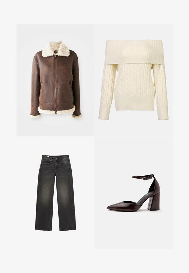Brun læderjakke med en cremet shearlingkrave og manchetter. Har frontlynlås og to sidelommer. Slidt tekstur over det hele.; Off-shoulder creme kabelstrik sweater med ribbet halsudskæring og manchetter. Har tekstureret mønster hele vejen igennem og en tætsiddende silhuet.; Sorte vidde jeans lavet af denim med en falmet finish. Har fem lommer, en frontlynlås og en knaplukning. Detaljeret stikning som accent.; Mørkebrunt læder pumps med spids tå, høj hæl, ankelrem og sølvspænde på hvid baggrund.