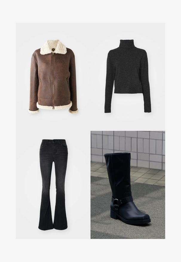 Ruskea nahkatakki, jossa on kreeminvärinen karvakaulus ja -hihansuut. Varustettu etuvetoketjulla ja kahdella sivutaskulla. Kankaan pintastruktuuri on kulunut.; Mustat lyhyet turtleneck-neuleet pehmeästä, tekstuuriltaan mielenkiintoisesta kankaasta, jossa on pitkät hihat ja ribbikuvioidut yksityiskohdat kauluksessa ja helmassa.; Mustat leveälahkeet farkut, joissa on korkea vyötärö, etutaskut, nappikiinnitys ja siisti viimeistely helmassa.; Musta nahka puoliväli-säärisaapas, jossa matala leveä korko ja koristeellinen remmi metallisoljella nilkan ympärillä, laatoitetulla jalkakäytävällä.