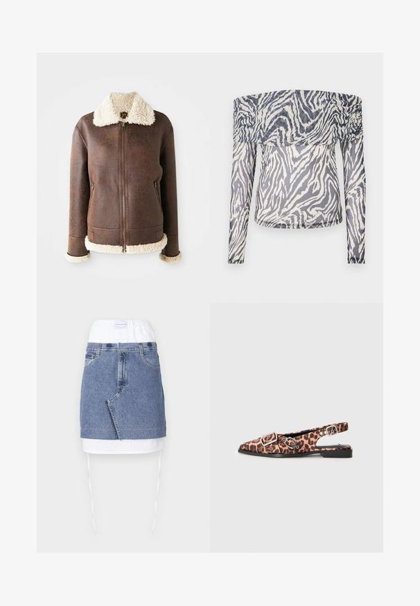 Bruine lederen jas met een romige shearlingschouder en -manchetten. Voorzien van een frontale rits en twee zijzakken. Versleten textuur overal.; Off-shoulder top met lange mouwen van doorschijnende stof, met een zwart-wit zebrapatroon en geplooide details bij de halslijn.; Denimrok met een blauwe body, witte geperforeerde tailleband en trekkoord. Heeft voorzakken en een rechte snit met een rauwe zoom.; Leopard print slingback ballerina's met een spitse neus, zwarte zool en zilveren gespaccenten. Gemaakt van stof met een gladde textuur.