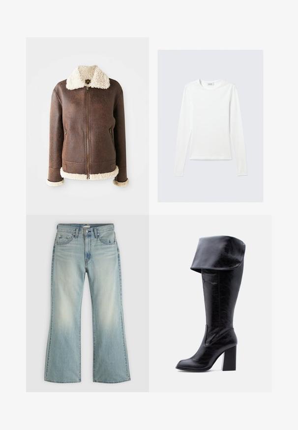 Bruine lederen jas met een romige shearlingschouder en -manchetten. Voorzien van een frontale rits en twee zijzakken. Versleten textuur overal.; Effen wit shirt met lange mouwen en ronde hals, slim fit, afgebeeld tegen een lichtgrijze achtergrond.; Lichtblauwe spijkerbroek met een hoge taille, knoop- en ritssluiting aan de voorkant, vijf zakken en licht uitlopende pijpen.; Hoge zwarte leren laars met hak, een omgeslagen boord en een ronde neus, rechtopstaand tegen een witte achtergrond.