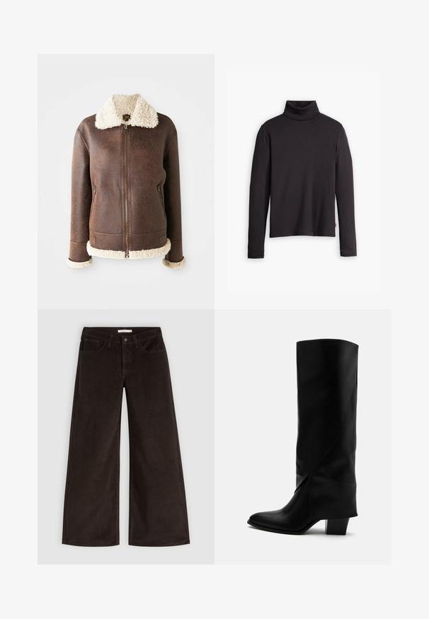 Bruine lederen jas met een romige shearlingschouder en -manchetten. Voorzien van een frontale rits en twee zijzakken. Versleten textuur overal.; Zwarte geribde turtleneck trui met lange mouwen en een fitted ontwerp. Zachte textuur, subtiele stretch en een label aan de onderzijde.; Donkerbruine wijde ribfluwelen broek met voorzakken, riemlussen en een knoopsluiting, afgebeeld op een effen lichte achtergrond.; Hoge zwarte leren laars met schuine stiksels, puntige neus en stevige hak van gemiddelde hoogte op witte achtergrond.