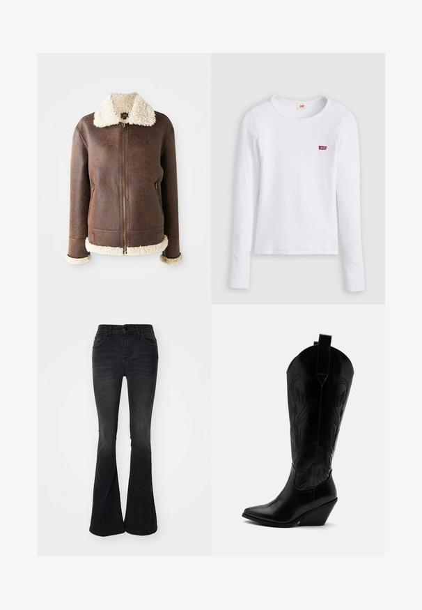 Brun læderjakke med en cremet shearlingkrave og manchetter. Har frontlynlås og to sidelommer. Slidt tekstur over det hele.; Hvid Levi's langærmet skjorte med rund halsudskæring og lille rødt Levi's-logo på venstre bryst, vist på en ensfarvet baggrund.; Sorte bell-bottom jeans lavet af denim, med en høj talje, frontlommer, knaplukning og en ren finish ved kanten.; Sort læder cowboystøvle med spidst tåparti, skråt blokhælhæl, dekorative sømme og trækstropper øverst mod hvid baggrund.