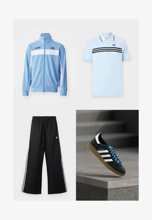 Hellblaues Trainingsjackett mit weißen horizontalen Streifen, Reißverschluss vorne, hohem Kragen, Seitentaschen und gesticktem Logo auf der Brust. Glatte Stofftextur.; Hellblaues Polohemd aus strukturiertem Stoff mit schwarzen Akzentstreifen und einem schwarzen Logo auf der Brust. Verfügt über einen Kragen.; Schwarze weite Trainingshose mit elastischem Bund, weißen Seitenstreifen und kleinem Adidas-Trefoil-Logo an der rechten Hüfte.; Schwarzer Adidas-Sneaker mit weißen Streifen, blauen Schnürsenkeln und Gummisohle, der über einer grauen Betontreppe im weichen Licht schwebt.