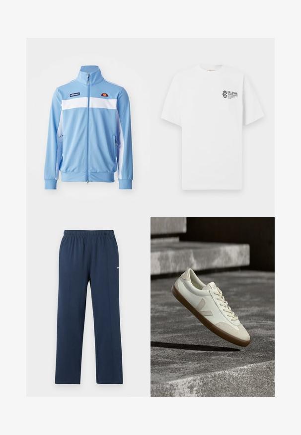 Hellblaues Trainingsjackett mit weißen horizontalen Streifen, Reißverschluss vorne, hohem Kragen, Seitentaschen und gesticktem Logo auf der Brust. Glatte Stofftextur.; Weißes T-Shirt mit kurzen Ärmeln und Rundhalsausschnitt, mit kleinem schwarzem Ellesse Tennis Club Logo und Schriftzug auf der linken Brust.; Marineblaue Sweatpants mit geradem Bein, elastischem Bund und dezenten vertikalen Nähten, kleines weißes Logo am oberen Oberschenkel.; Weiße Leder-Sneaker mit beige-gummiartiger Sohle, flachen Schnürsenkeln und V-förmigem Akzent an der Seite. Verfügt über eine glatte Oberfläche und minimale Nahtdetails.