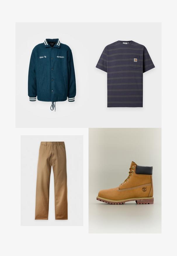 Chaqueta de lana verde oscuro con collar y puños de rayas blancas, cierre de botones, dos bolsillos laterales y bordado de texto en el frontal.; Camiseta azul marino de manga corta con finas rayas horizontales amarillas y un pequeño bolsillo en el pecho con parches del logo de Carhartt.; Pantalones marrón caqui de pierna recta con trabillas para cinturón, cierre de botón y bolsillos delanteros, mostrados sobre un fondo blanco.; Bota de tobillo de cuero marrón con cuello negro, cordones amarillos y suela beige. Presenta un logotipo y detalles de costura blanca. Suela exterior con tracción robusta.