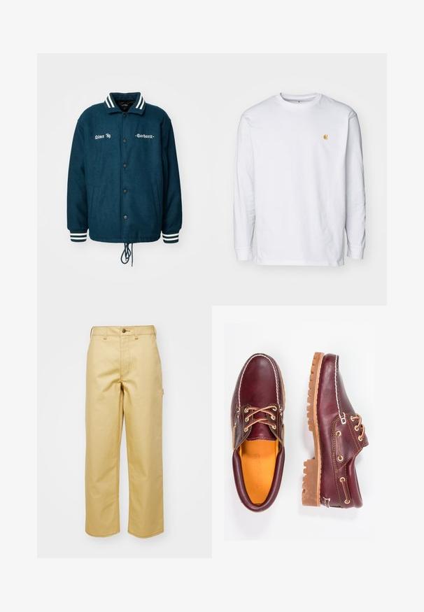 Chaqueta de lana verde oscuro con collar y puños de rayas blancas, cierre de botones, dos bolsillos laterales y bordado de texto en el frontal.; Camiseta de manga larga blanca de algodón. Cuenta con un pequeño logo dorado en el pecho y un cuello redondo. Diseño simple y corte estándar.; Pantalones de algodón beige de pierna ancha con un cierre frontal de botón, lazos para cinturón y bolsillos laterales. Textura suave con detalles de costura visibles.; Zapatos de cuero burdeos con suelas de goma marrón, puntera redonda, costuras blancas y ojales dorados. El interior cuenta con un forro amarillo.
