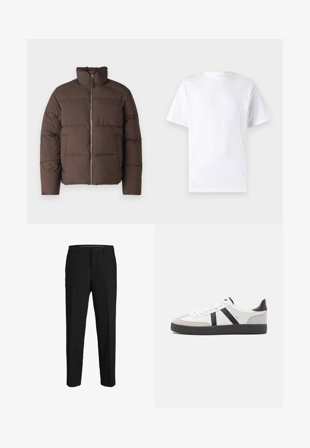 Brun pufferjakke med høj krave, frontlynlås og quiltet tekstur. Har to sidelommer og en let cropped form.; Hvid kortærmet t-shirt lavet af bomuld med rund hals, der har en glat tekstur og et simpelt design uden mønstre eller accenter.; Sorte bukser lavet af glat stof, med lige snit, bæltestropper og et fladt frontdesign uden synlige mønstre eller pyntegenstande.; Hvide sneakers med sorte og grå detaljer, med en tekstureret grå tåhætte, sort gummisål og flade hvide snørebånd. Rent design, minimalistisk stil.