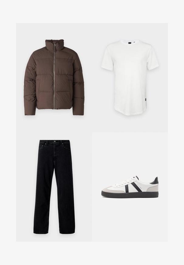 Chaqueta acolchada marrón con un cuello alto, cierre delantero y textura acolchada. Cuenta con dos bolsillos laterales y una forma ligeramente recortada.; Camiseta blanca de manga corta hecha de algodón, con un escote redondo y una parte trasera ligeramente alargada, con un pequeño logotipo en el lateral.; Hollister Co. Vaqueros baggy - washed black; Zapatilla blanca con acentos en negro y gris, que presenta una puntera texturizada en gris, suela de goma negra y cordones planos blancos. Diseño limpio, estilo minimalista.