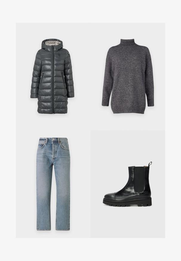 Grauer Puffer-Mantel mit Kapuze, ausgestattet mit einem Reißverschluss vorne, Seitentaschen und gestepptem Design. Das Material hat eine glänzende Oberfläche.; Weekend Max Mara VERDIER - Strickpullover - grigio medio; Helle blaue Jeans mit geradem Schnitt, hoher Taille und klassischem Fünf-Taschen-Design. Mit subtilen Ausbleichungen und einem Reißverschluss.; Schwarze Leder-Stiefelette mit glänzender Oberfläche, elastischen seitlichen Einsätzen und einer massiven schwarzen Gummisohle. Mit einem Zugtab für ein einfaches An- und Ausziehen.