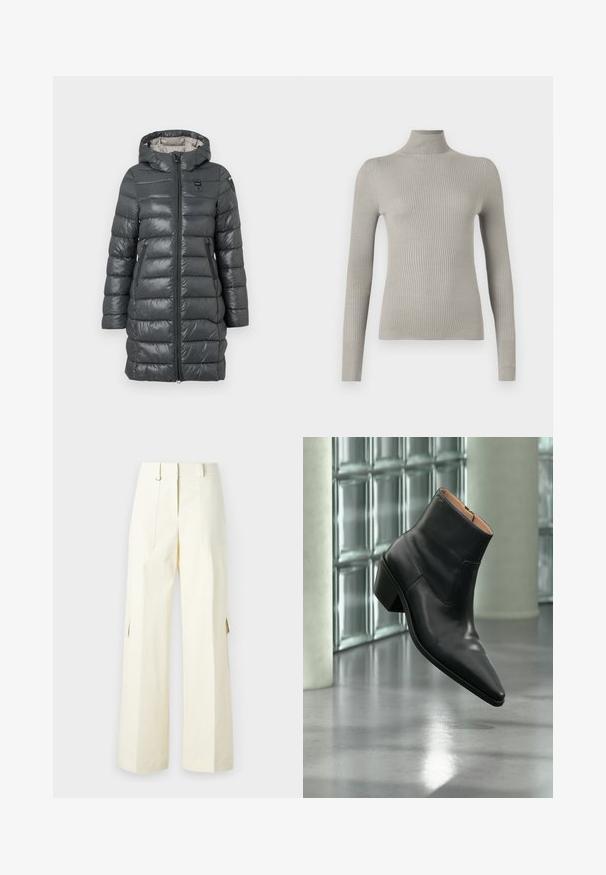 Grijze pufferjas met een capuchon, voorzien van een rits aan de voorkant, zijzakken en een gewatteerd ontwerp. Het materiaal heeft een glanzende afwerking.; Lichtgrijze, geribde turtleneck trui met lange mouwen. Zachte textuur, getailleerd ontwerp, met een hoge hals en naadloze afwerking.; Wijdvallende cargo-broek in lichtcrème stof, met opgestikte zakken, een hoge taille en zijsplitten voor extra detail en functionaliteit.; Zwarte leren enkellaars met een spitse neus en blokhak die zweeft boven een reflecterende grijze vloer nabij een glazen blokmuur.