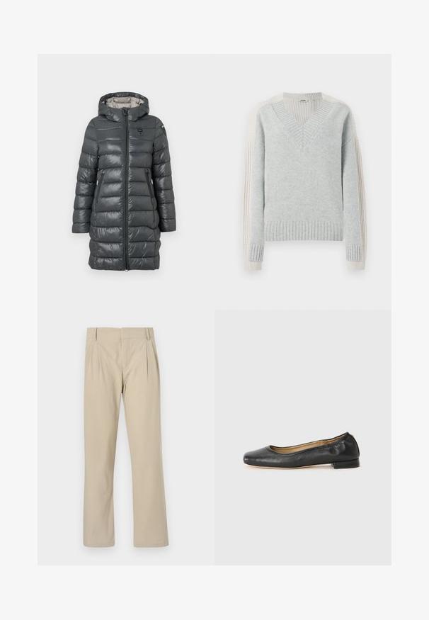 Grauer Puffer-Mantel mit Kapuze, ausgestattet mit einem Reißverschluss vorne, Seitentaschen und gestepptem Design. Das Material hat eine glänzende Oberfläche.; DRYKORN PASELIA - Strickpullover - grey; Beige weite Hosen aus Baumwollmischung; mit Falten vorne, geradem Schnitt und Gürtelschlaufen. Glatte Textur, keine Muster.; Schwarz Leder Ballerinas mit runder Zehenpartie und minimaler Naht. Niedriger, rechteckiger Absatz und glatte Textur. Dezente Innenfutterdetails.
