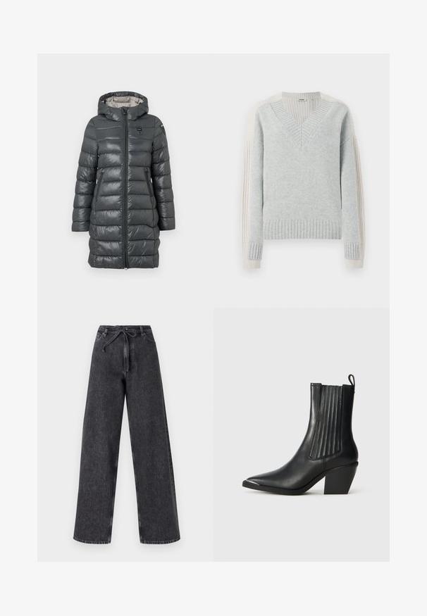 Grauer Puffer-Mantel mit Kapuze, ausgestattet mit einem Reißverschluss vorne, Seitentaschen und gestepptem Design. Das Material hat eine glänzende Oberfläche.; DRYKORN PASELIA - Strickpullover - grey; Hochtaillierte, weit geschnittene schwarze Jeans aus Denim mit einem Kordelzugverschluss. Verfügt über eine verwaschene Textur und subtile Steppdetails.; Schwarze Lederstiefelette mit spitzer Zehenform, gerippten Seitenpaneelen und einem klobigen Absatz, vor einem strukturierten Fliesenboden.