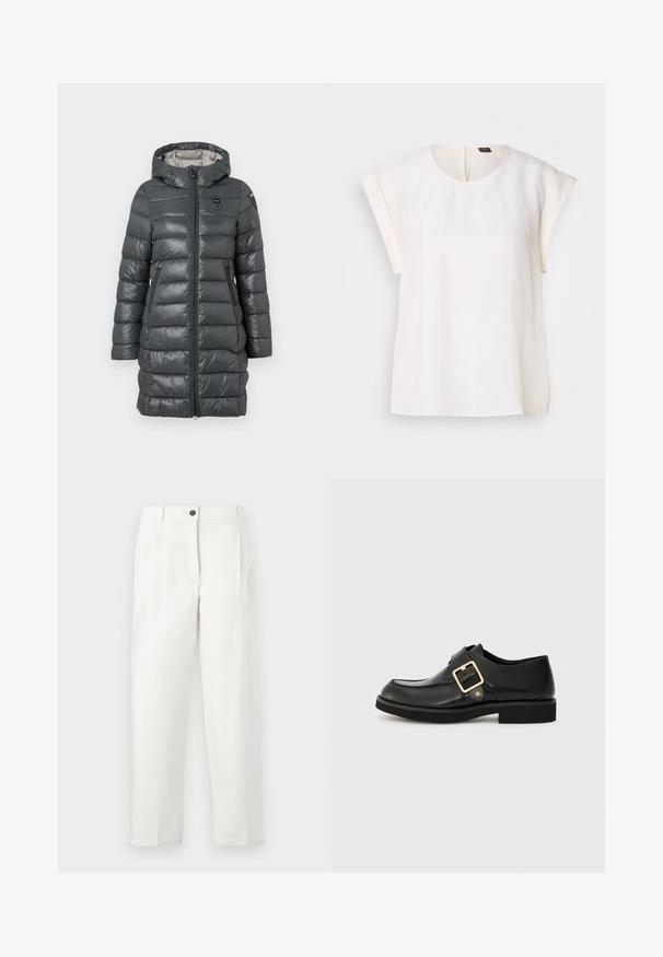 Grauer Puffer-Mantel mit Kapuze, ausgestattet mit einem Reißverschluss vorne, Seitentaschen und gestepptem Design. Das Material hat eine glänzende Oberfläche.; Kurzärmelige weiße Bluse mit rundem Ausschnitt und lockerer Passform, mit einem kleinen schwarz-orangen Etikett am hinteren Kragen.; Weiße, hoch taillierte Hose mit schmaler Passform, ausgestattet mit Bügelfalten, einem vorderen Knopfverschluss und geraden Beinen. Hergestellt aus glattem Stoff.; Schwarzer Lederschuh mit runder Spitze, ausgestattet mit einer goldenen Schnalle und einer flachen Gummisohle. Glatte Textur mit dezenten Nähdetails.