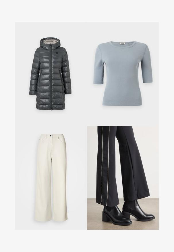 Grauer Puffer-Mantel mit Kapuze, ausgestattet mit einem Reißverschluss vorne, Seitentaschen und gestepptem Design. Das Material hat eine glänzende Oberfläche.; Hellblaues geripptes Kurzarm-Strickoberteil mit rundem Ausschnitt und schmaler Passform, Innen am Kragen mit "Drykorn" bezeichnet.; Cremefarbene weit geschnittene Hose aus glattem Stoff. Sie hat eine mittlere Leibhöhe, einen Reißverschluss und zwei vordere Taschen mit schwarzen Hardware-Elementen.; Schwarze Lederstiefeletten mit einem Blockabsatz, ausgestattet mit elastischen seitlichen Einsätzen. Kombiniert mit schwarzen Hosen, die einen weißen Seitenstreifen haben.