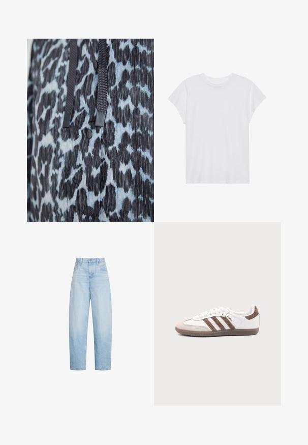 Nahaufnahme von schwarzem und blauem Tiermusterstoff mit schwarzen Knöpfen und dunklen geflochtenen Zugkordeln.; Weißes kurzärmliges T-Shirt mit Rundhalsausschnitt, lockerer Passform, aus weichem Baumwollstoff. Glatte Textur, keine Muster oder Logos.; Hellblaue Jeans mit hohem Bund und geradem Bein, mit vorderen Taschen, Gürtelschlaufen und einem Knopfverschluss.; Weißer Adidas Samba Sneaker mit braunen Wildlederstreifen, brauner Gummisohle und beiger Wildlederkappe, von der Außenseite auf schlichtem Hintergrund gezeigt.