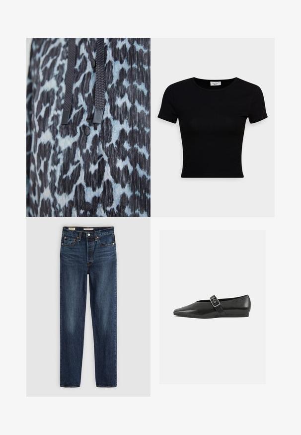Nærbillede af sort og blå dyreprintstof med sorte knapper og mørke flettede snore.; Sort kortærmet t-shirt lavet af glat bomuldsstof, med rund halsudskæring og en tætsiddende pasform. Minimalistisk uden synlige mønstre.; Mørkeblå lige ben jeans med fem lommer, knap- og lynlås lukning samt kontrastsyninger.; Sorte læder flade sko med spidse tæer, prydet med en metallisk spænde over vristen og en lav, fleksibel sål.