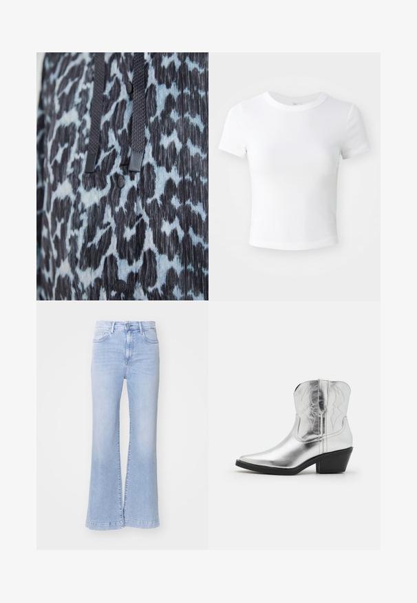 Nærbillede af sort og blå dyreprintstof med sorte knapper og mørke flettede snore.; Simpel hvid kortærmet cropped t-shirt med rund halsudskæring, præsenteret på en neutral lys baggrund.; Lysblå flagrende jeans med høj talje, denimtekstur, forlommer og knaplukning. Ren afslutning ved kanten.; Sølvfarvede læder cowboy-støvler med spidse tæer, syede detaljer på skaftet og en moderat sort hæl. Glat og skinnende overflade.