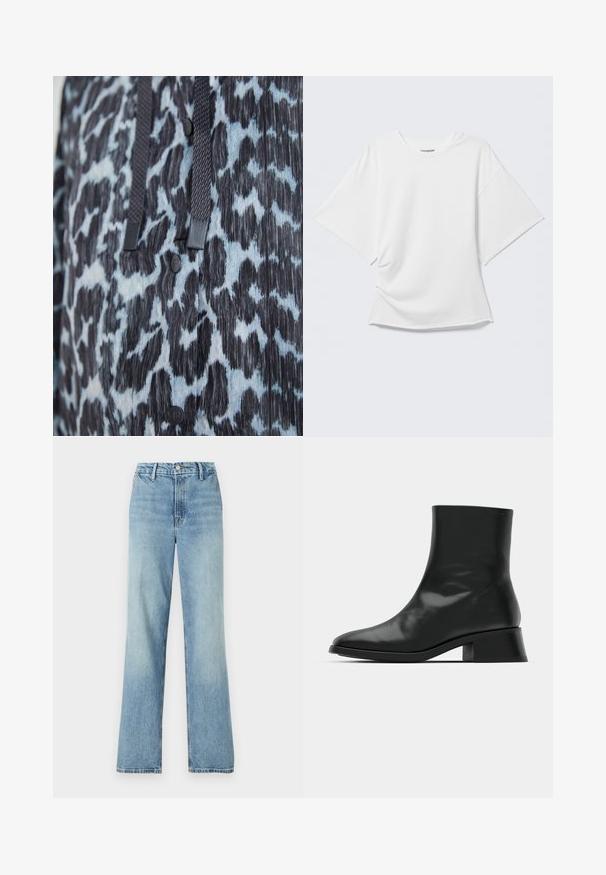 Nærbillede af sort og blå dyreprintstof med sorte knapper og mørke flettede snore.; Hvid oversized T-shirt med korte ærmer og rund hals vist på en lysegrå baggrund.; Good American GOOD CARPENTER - Wide leg - indigo; Sort ankelstøvle lavet af blank læder, med et strømlinet design, spids tå og en moderat blokhælhøjde for stabilitet.