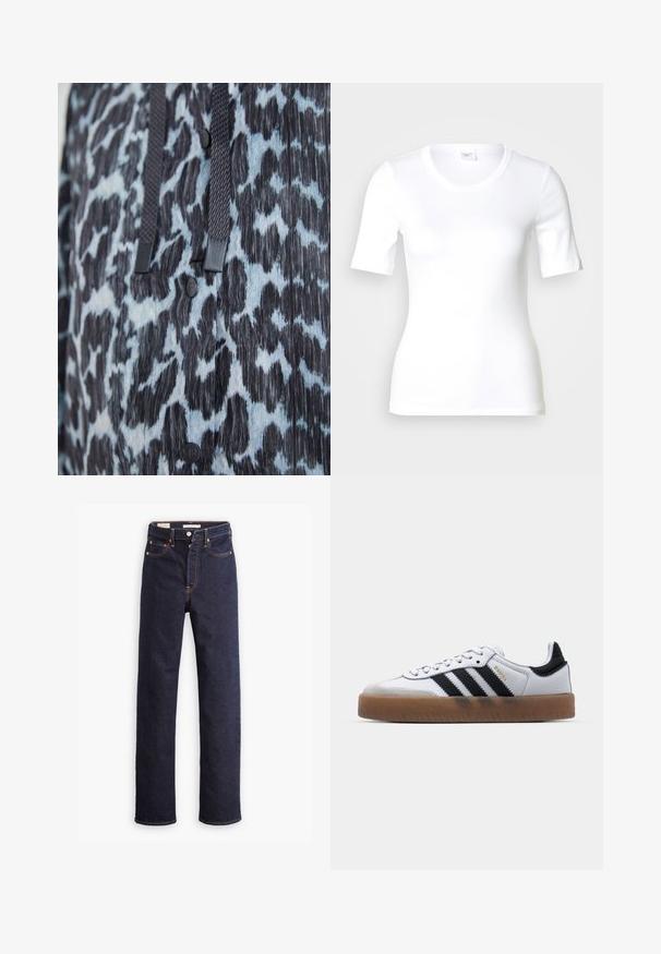 Nahaufnahme von schwarzem und blauem Tiermusterstoff mit schwarzen Knöpfen und dunklen geflochtenen Zugkordeln.; Weißes T-Shirt mit kurzen Ärmeln aus glattem Baumwollstoff, mit rundem Ausschnitt und figurbetonter Form. Klassisches Design, ohne Muster oder Akzente.; Dunkelblaue gerade geschnittene Denim-Jeans mit fünf Taschen und sichtbaren orangefarbenen Nähten auf einem weißen Hintergrund.; Weiße Leder Sneakers mit schwarzen Streifen, Gummigummi-Außensohle, runder Zehenform, Schnürverschluss und weichem grauem Wildleder-Zehenkappe.