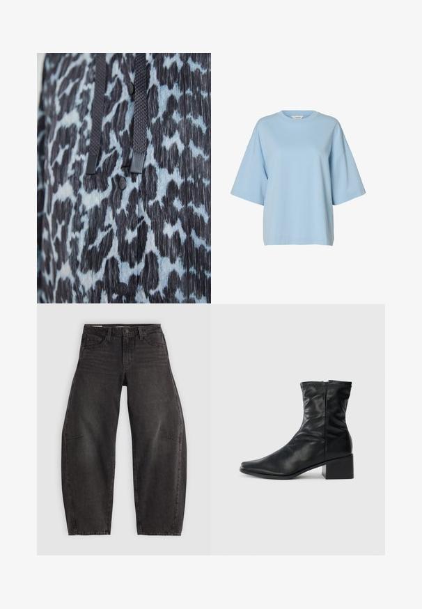 Nærbillede af sort og blå dyreprintstof med sorte knapper og mørke flettede snore.; Lyseblå oversized t-shirt med korte ærmer, rund hals og sænkede skuldersømme på hvid baggrund.; Sorte denim jeans med en afslappet pasform, der har fem lommer, knaplukning og subtil fading. Stoffet har en glat, robust tekstur.; Sort læderstøvle til midten af læggen med firkantet tå, lynlås på siden og blokhæl på en ensfarvet hvid baggrund.