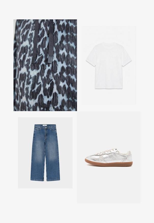 Close-up van zwart en blauw dierenprintstof met zwarte knopen en donkere gevlochten trekkoorden.; Effend wit T-shirt met korte mouwen en ronde hals, plat gelegd op een witte achtergrond.; Blauwe spijkerbroeken met wijde pijpen, voorzakken en een ceintuur, met licht vervaagde plekken op de dijen.; Low-top sneaker met metallic zilverkleurig bovenwerk, beige veters en een gum rubberen zool op een effen lichte achtergrond.