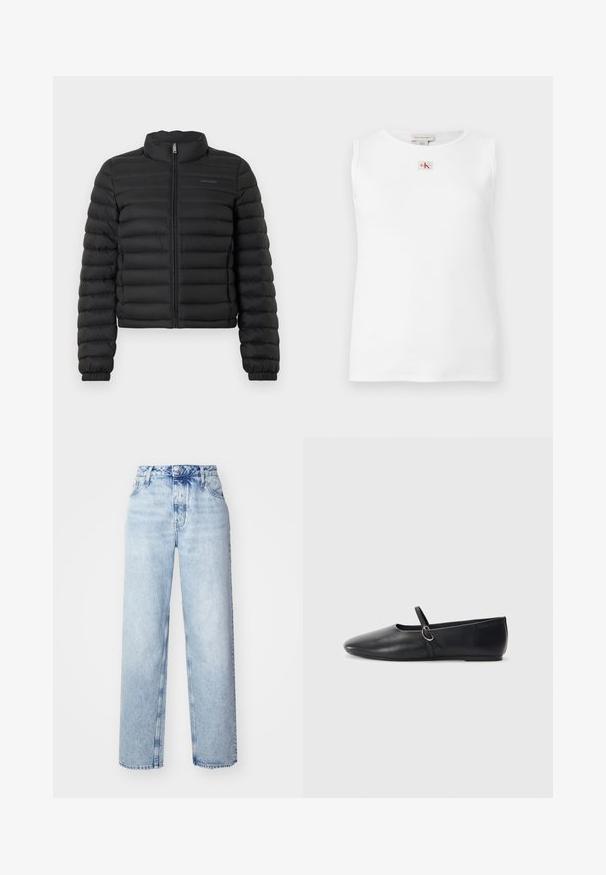 Veste matelassée noire avec col montant, fermeture éclair et design matelassé. Comprend des poignets élastiques et une coupe courte. Logo sur la poitrine.; Débardeur blanc sans manches en maille côtelée avec un petit logo Calvin Klein rouge et noir centré juste en dessous de l'encolure.; Jeans taille haute bleu clair avec une coupe ample, mettant en avant des jambes droites, cinq poches et une fermeture classique à boutons et zip.; Ballerines noires en cuir avec un bout pointu, une semelle plate et une petite sangle avec un détail de boucle en argent.