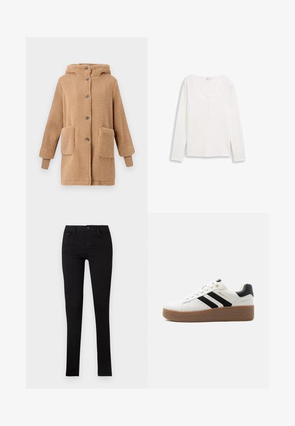 Manteau en polaire beige avec capuche, fermeture à boutons sur le devant, deux poches avant et poignets côtelés. Texture douce et design confortable.; Haut long à manches blanches avec un col rond et un plastron de boutons partiel. Texture douce, design ajusté et style minimaliste.; Jean skinny en denim noir avec une taille basse, des poches avant et une fermeture à bouton. Présente une texture lisse et un design minimaliste.; Baskets blanches basses avec des rayures noires, une semelle en caoutchouc marron, un laçage à l'avant et un col de talon rembourré noir.