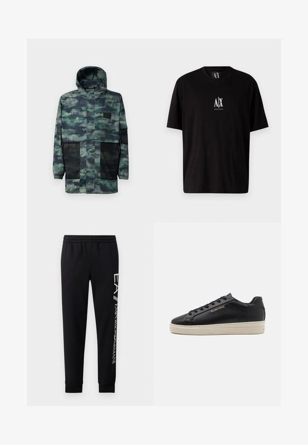 Waterdichte jas in groen camouflagepatroon, met mesh zijzakken, een trekkoordcapuchon en een voorzijde met ritssluiting en flapsluiting.; Zwarte katoenen t-shirt met korte mouwen, ronde halslijn en een klein wit logo "A|X" gecentreerd op de borst.; Zwarte sweatpants van een katoenmix, met een elastische tailleband, taps toelopende benen, ribgebreide boorden en een wit logo-opdruk langs de zijkant.; Zwarte leren sneaker met een gladde afwerking, contrasterende crèmekleurige zool, ronde neus, gouden logo aan de zijkant en zes gaatjes voor veters.