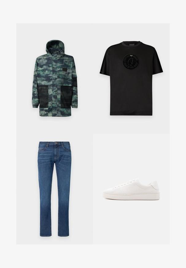 Waterdichte jas in groen camouflagepatroon, met mesh zijzakken, een trekkoordcapuchon en een voorzijde met ritssluiting en flapsluiting.; Zwart T-shirt met korte mouwen van zachte stof, met een cirkelvormig reliëflogo met een paard en de tekst "Jaar van het Paard 2026."; Blauwe spijkerbroek met rechtvallende pijpen, voorzien van een klassiek ontwerp met vijf zakken en een knoopsluiting. Subtiele vervaging over de stoftextuur.; Witte lederen sneaker met een gladde afwerking, ronde neus, vetersluiting met zes veteroogjes en een rubberen zool met structuur. Minimalistisch ontwerp zonder patronen.