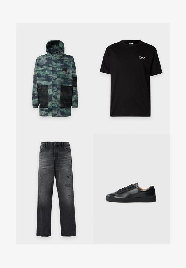 Waterdichte jas in groen camouflagepatroon, met mesh zijzakken, een trekkoordcapuchon en een voorzijde met ritssluiting en flapsluiting.; Zwarte katoenen t-shirt met korte mouwen, ronde hals en een klein wit EA7-logo op de linkerborst. Gladde textuur, normale pasvorm.; Zwarte denim jeans met een relaxte pasvorm, voorzien van een vervaagd ontwerp en versleten patches. Standaard vijf-pocketstijl en een knoopsluiting.; Zwarte leren sneaker met een gladde textuur, ronde neus en vetersluiting. Heeft een dikke rubberen zool en minimale merkaanpassing.