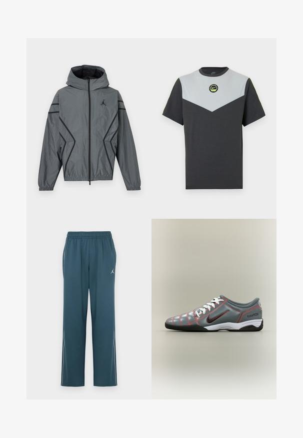 Veste coupe-vent grise à capuche avec fermeture éclair frontale, lignes d'accent noires, poignets élastiques, poches latérales et petit logo noir sur la poitrine.; T-shirt Nike à manches courtes en gris foncé et gris clair avec un motif en chevron, logo circulaire vert, et accents néon contrastants aux épaules.; Pantalon de sport bleu sarcelle foncé avec une taille élastique, deux poches latérales, des bandes blanches sur les côtés et un petit logo sur la cuisse gauche.; Chaussure de football en salle Nike Total 90 III grise avec lacets blancs, semelle noire, coutures rouges et logo swoosh noir sur le côté.