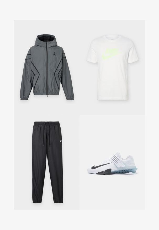 Veste coupe-vent grise à capuche avec fermeture éclair frontale, lignes d'accent noires, poignets élastiques, poches latérales et petit logo noir sur la poitrine.; T-shirt Nike blanc à manches courtes avec texte "RUN" en jaune néon et logo swoosh sur le devant, col rond, fond uni.; Pantalon de jogging noir avec ceinture élastique et cordon de serrage ajustable. Tissu lisse et léger avec un petit logo Nike blanc.; Baskets blanches avec le swoosh noir de Nike, tige en maille, trois rayures noires et une semelle dégradée allant du bleu au transparent. Présente des accents renforcés.