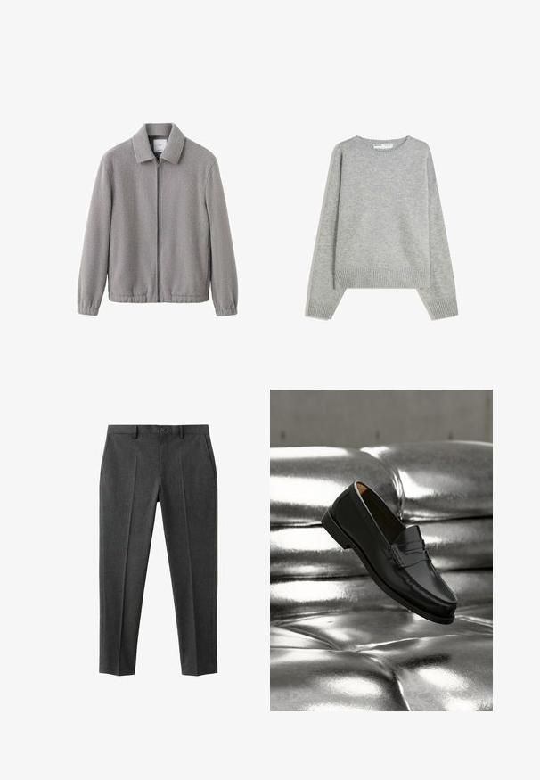 Veste en polaire grise avec fermeture éclair à l'avant, col avec revers, poignets élastiques et surface légèrement texturée. Design simple et décontracté.; Pull en tricot gris avec un col rond, des poignets et un ourlet côtelés, offrant une coupe décontractée et une texture douce.; Pantalon gris sur mesure en tissu tissé, doté d'un devant plat, de deux poches latérales et d'une coupe slim avec jambes fuselées.; Mocassin en cuir noir flottant au-dessus d'un canapé en cuir argenté brillant matelassé à boutons dans un décor minimaliste.