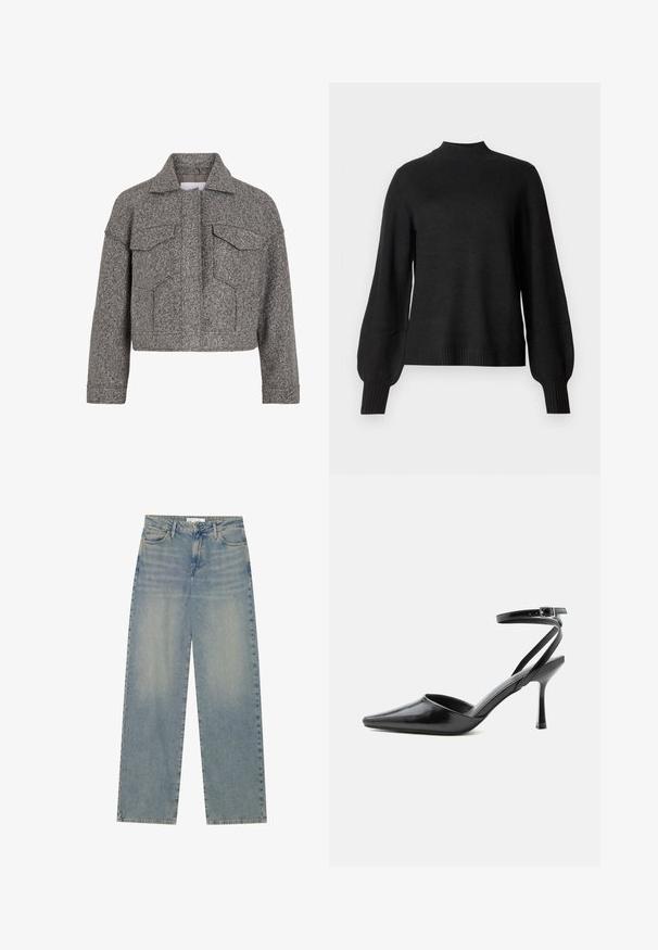 Graue kurz geschnittene Jacke aus strukturiertem Wollstoff, mit spitzem Kragen, zwei Fronttaschen und geradem Schnitt.; Schwarzer, langärmeliger Strickpullover mit geripptem Stehkragen, Bündchen und Saum, der leicht puffige Ärmel und eine taillierte Silhouette aufweist.; Helle blaue, hochgeschnittene, gerade geschnittene Jeans aus Denim mit Fronttaschen, Gürtelschlaufen sowie sichtbarem Knopf- und Reißverschluss.; Schwarzer spitzer High Heel mit dünnen Knöchelriemen und silberner Schnalle auf einfachem hellem Hintergrund.
