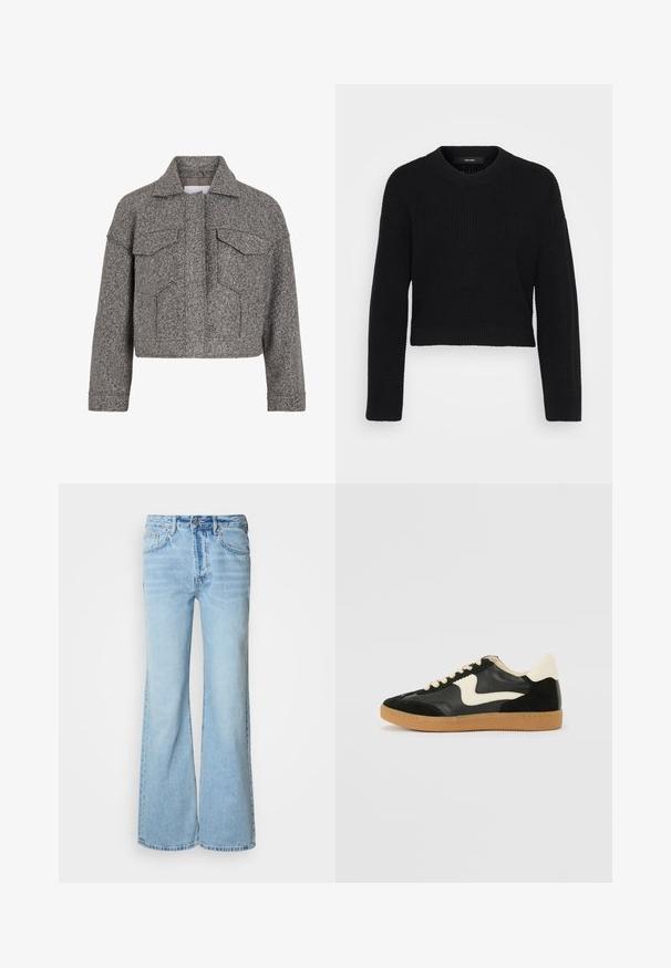 Grå cropped jakke lavet af struktureret uld, med spidse krave, to frontlommer og lige snit.; Sort cropped sweater lavet af strikket stof. Har en rund halsudskæring, lange ærmer og en tekstureret overflade med en tætsiddende pasform ved kanten.; Lyseblå jeans med flared ben, lavet af denim, med knapper foran, fem lommer og diskret falmet effekt.; Sorte ruskinds- og lædersneakers med en cremefarvet side-swoosh og lys cremefarvet hæl. Har beige snørebånd og en gummirubber-sål.