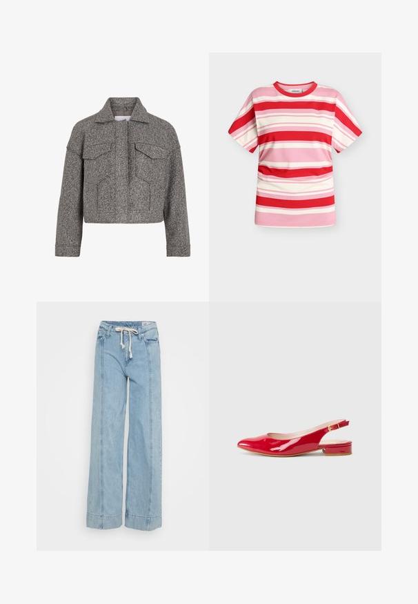 Grå cropped jakke lavet af struktureret uld, med spidse krave, to frontlommer og lige snit.; Modström URBANMD STRIPE T-SHIRT - T-shirts print - hibiscus peach stripe; Lys blå brede jeans lavet af denim. Har en snøre i taljen, diskrete syninger og opfoldede afslutninger.; Slingback flade sko i blank rød laklæder med spids tå, en lille stablet hæl og en spænde detalje på stroppen.