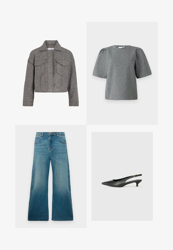 Graue kurz geschnittene Jacke aus strukturiertem Wollstoff, mit spitzem Kragen, zwei Fronttaschen und geradem Schnitt.; Graues kurzärmeliges Oberteil aus weichem Stoff, mit rundem Hals und leicht puffierten Ärmeln für zusätzliche Volumen. Glatte Textur ohne Muster.; Hochtaillierte blaue Jeans aus Denim mit weitem Bein, frontalen Taschen, Knopfverschluss und einem verblassten Farbverlauf von der Taille bis zum Saum.; Schwarzer Slingback-Schuh mit spitzem Zehenbereich aus glattem Leder. Mit einem dünnen Absatz und einer dekorativen Schnalle am verstellbaren Riemen.