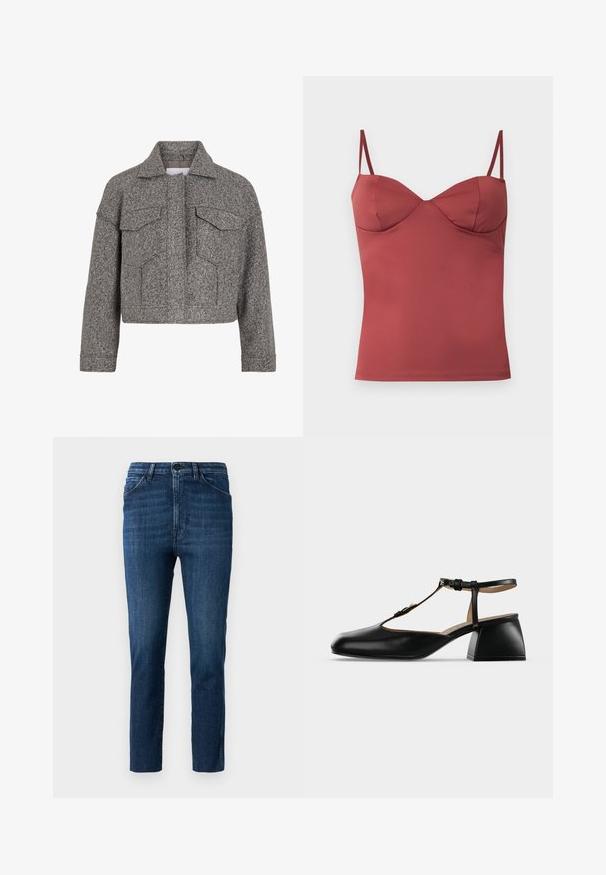 Grå cropped jakke lavet af struktureret uld, med spidse krave, to frontlommer og lige snit.; Ærmeløs rust-rød camisole top med tætsiddende brystskåle og tynde justerbare skulderstropper mod ensfarvet baggrund.; Blå slim-fit jeans med klassisk fem-lomme design og knaplukning, med subtil fading og ren lige ben skæring.; Sort læder lav blok hæl sko med T-rem og spænde lukning, spids tå og åbne sider mod en ensartet lys baggrund.