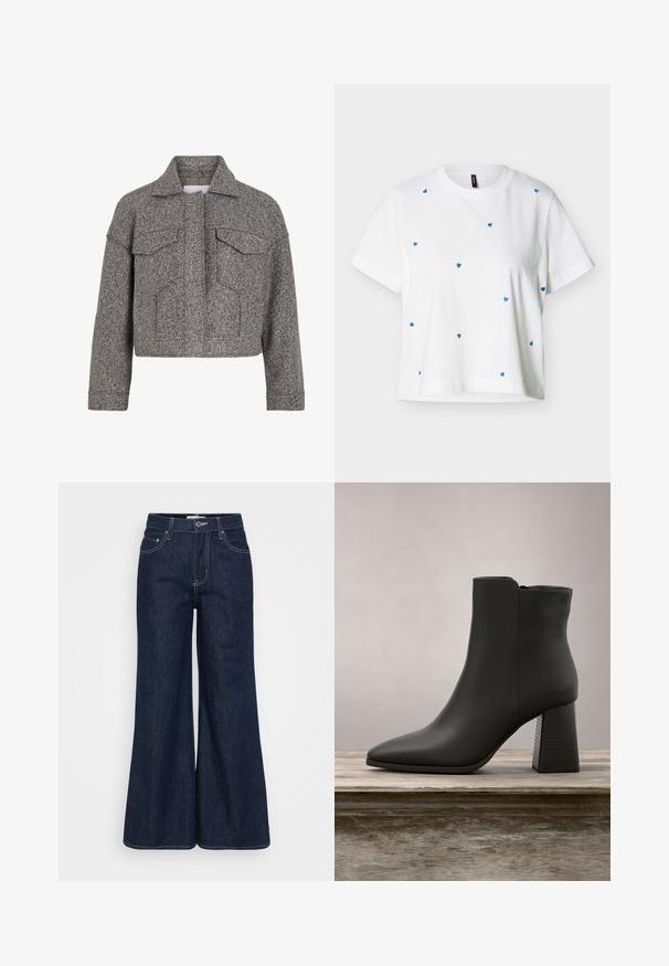 Graue kurz geschnittene Jacke aus strukturiertem Wollstoff, mit spitzem Kragen, zwei Fronttaschen und geradem Schnitt.; Weißes T-Shirt mit kurzen Ärmeln und rundem Ausschnitt, mit kleinen blauen Herzmustern, die sich über Vorderseite und Ärmel verteilen.; Dunkelblaue Jeans-Hose mit weitem Bein und hohem Bund, ausgestattet mit Taschen vorne, kontrastierenden Nähten und einem sauberen Saum.; Schwarze Leder-Ankle Boots mit spitzer Zehenpartie und Blockabsatz, ausgestattet mit einer strukturierten schwarzen Partie und einer glatten Oberfläche.