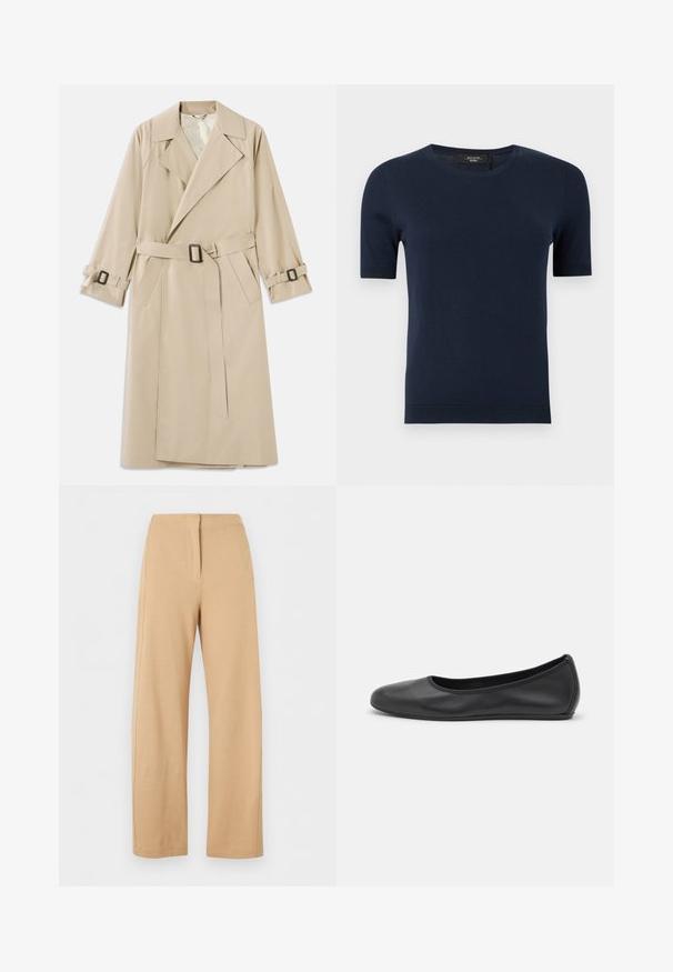 Beige trenchcoat lavet af glat stof med en bred krave, bælte med rektangulær spænde og justerbare manchetbånd.; Mørkeblå kortærmet strikket sweater med rund halsudskæring og ribbede ærmer og kant, vist på en ensfarvet baggrund.; Beige bukser med høj talje og vide ben med enkel front syning og skjult lukning, vist på en hvid baggrund.; Sort læderballetsko med rund tå, glat tekstur, minimal syning og et fleksibelt såldesign.
