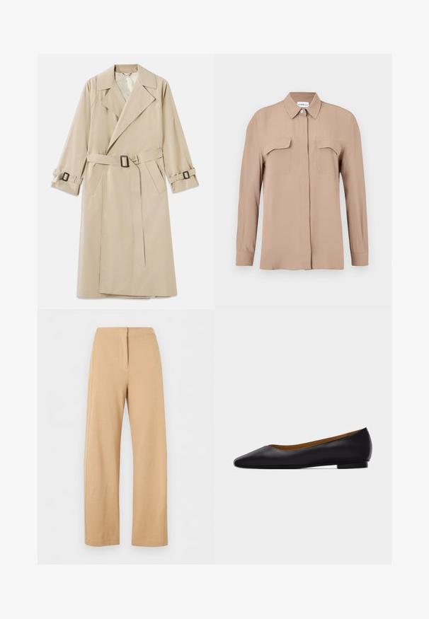 Beige trenchcoat lavet af glat stof med en bred krave, bælte med rektangulær spænde og justerbare manchetbånd.; Beige langærmet skjorte med knapper i letvægtsstof. Har to brystlommer og en klassisk krave, med lige snit og minimalistisk design.; Beige bukser med høj talje og vide ben med enkel front syning og skjult lukning, vist på en hvid baggrund.; Sort læder flad sko med spids tå, lav hæl og glat finish, vist fra siden på en lysegrå baggrund.