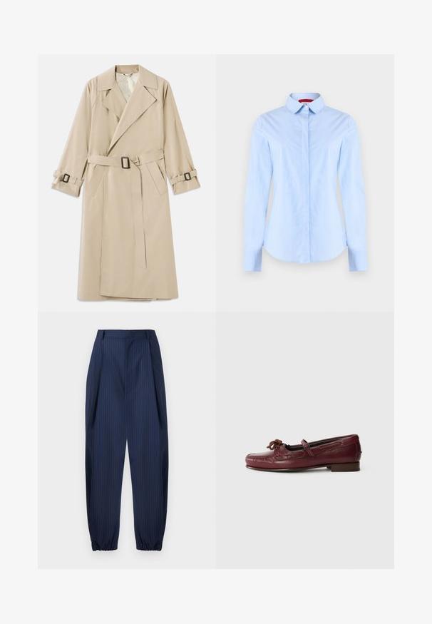 Beige trenchcoat van gladde stof, voorzien van een brede kraag, een riem met een rechthoekige gesp en verstelbare mouwbanden.; Lichtblauw overhemd met lange mouwen, knopen aan de voorkant, subtiele verticale strepen en een puntige kraag, weergegeven tegen een egale achtergrond.; Marineblauwe pantalon met fijne krijtstreep, taps toelopend met elastische boorden, riemlussen en verborgen voorzijde sluiting.; Bordeaux leren loafers met een ronde neus, decoratieve strikdetail en subtiele stiksels, op een lage, platte hak.